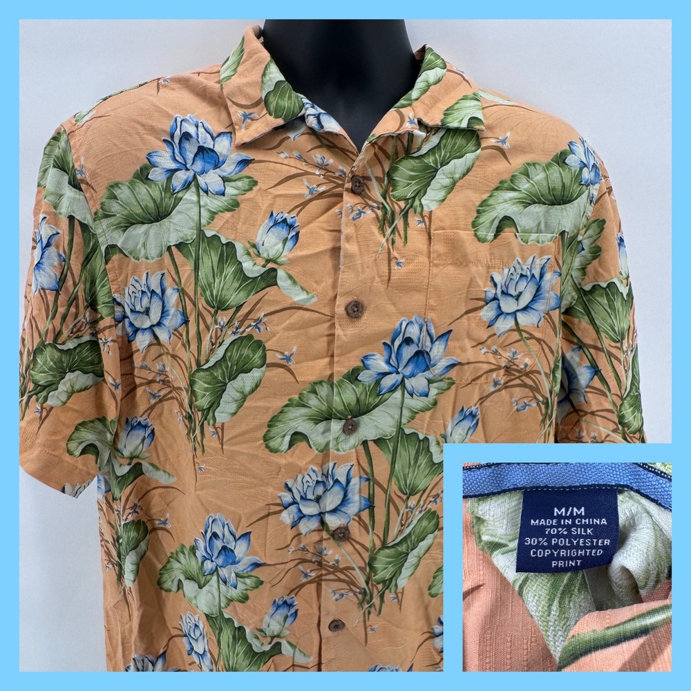 Tommy Bahama Silk Polyester Aloha Hawaiian Shirt Men's M Lotus Floral‎ Print